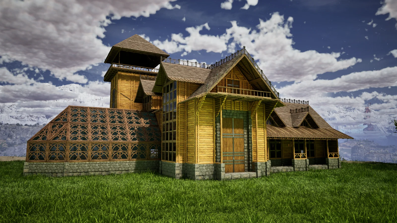In-game screenshot of the Workshop Base, a PvE workshop with an integrated greenhouse in ARK: Survival Ascended