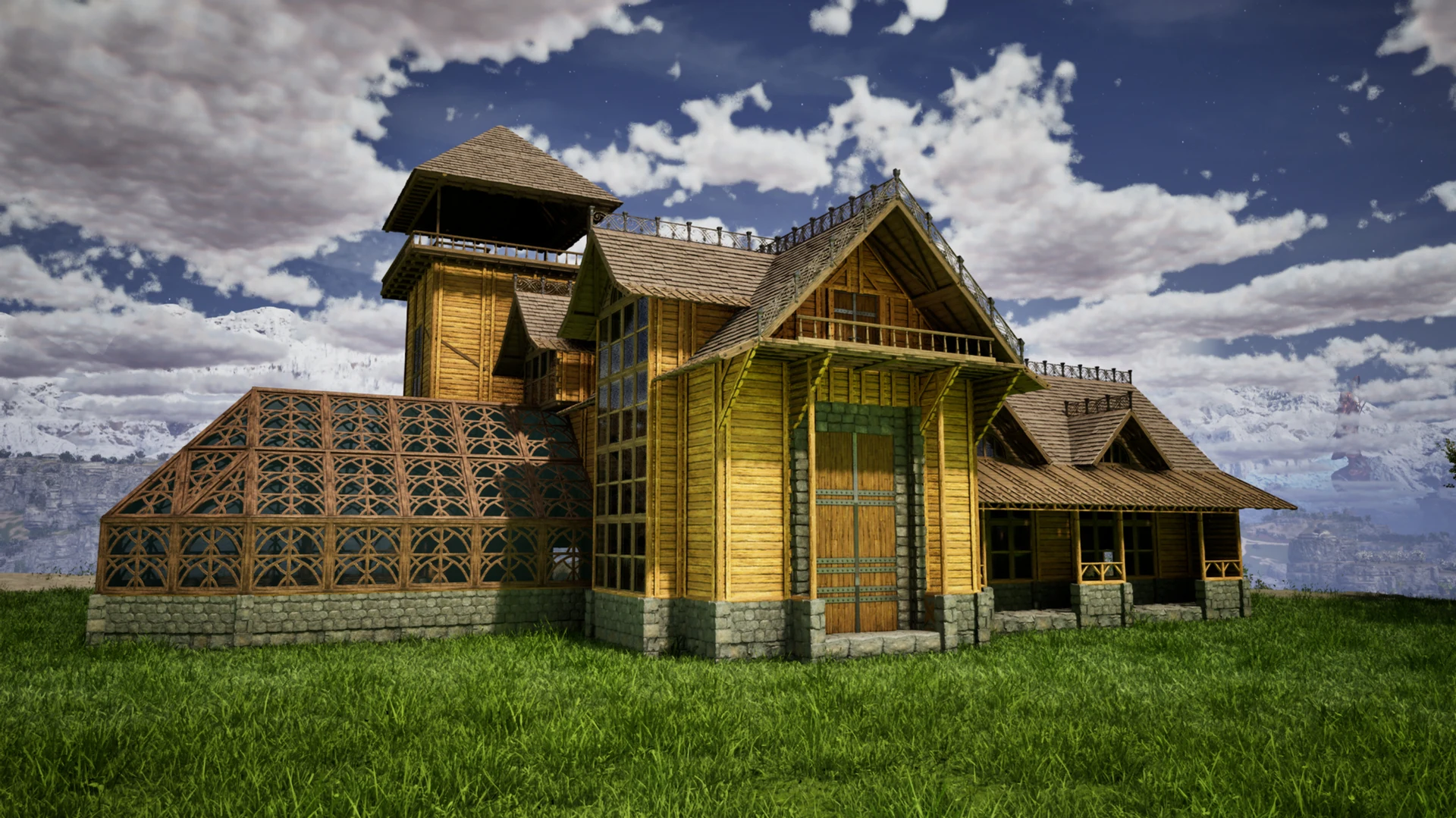 In-game screenshot of the Workshop Base, a PvE workshop with an integrated greenhouse in ARK: Survival Ascended