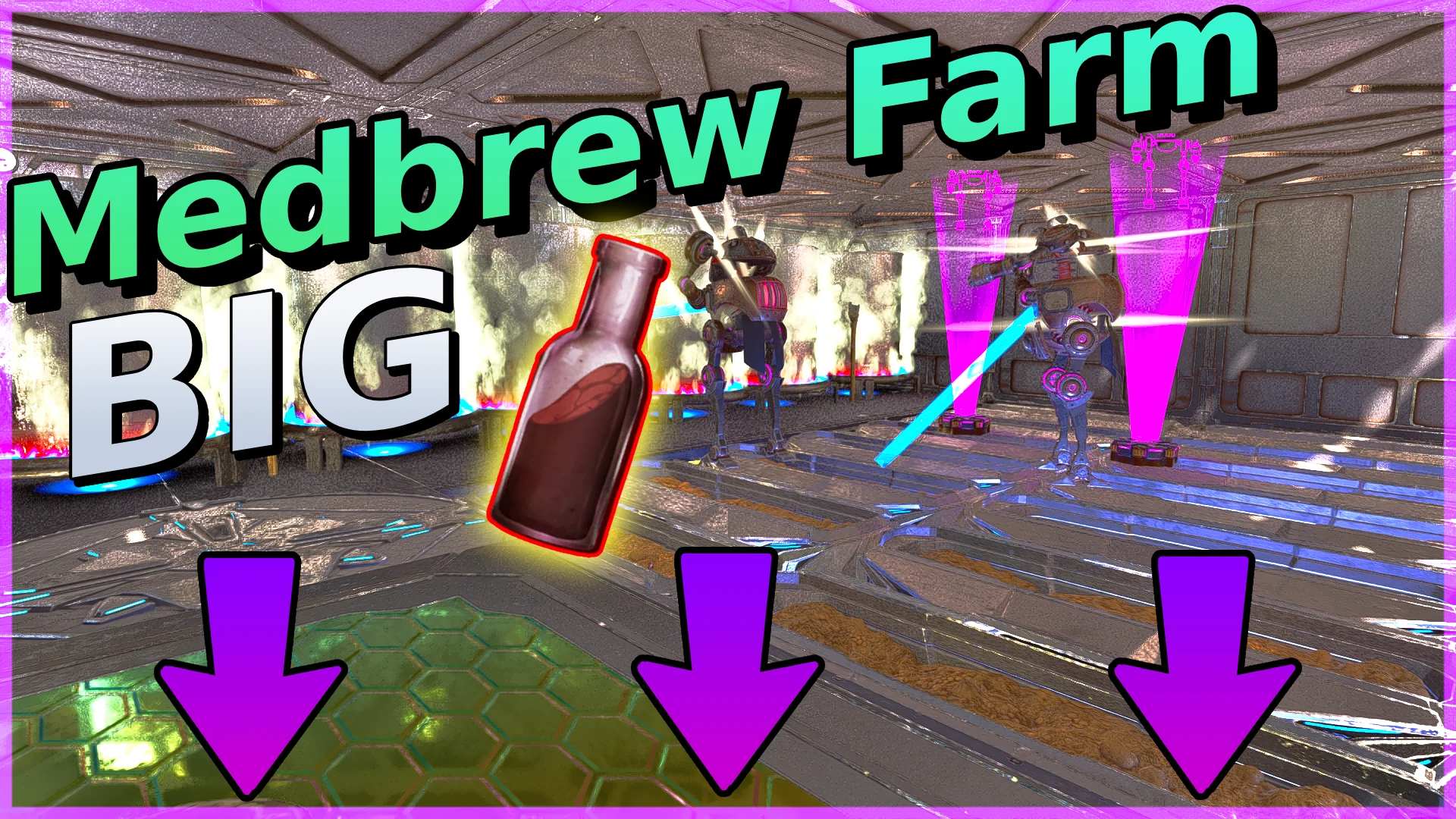 In-game screenshot of the Automated Medical Brew Farm, a high-volume automated medical brew farm in ARK: Survival Ascended