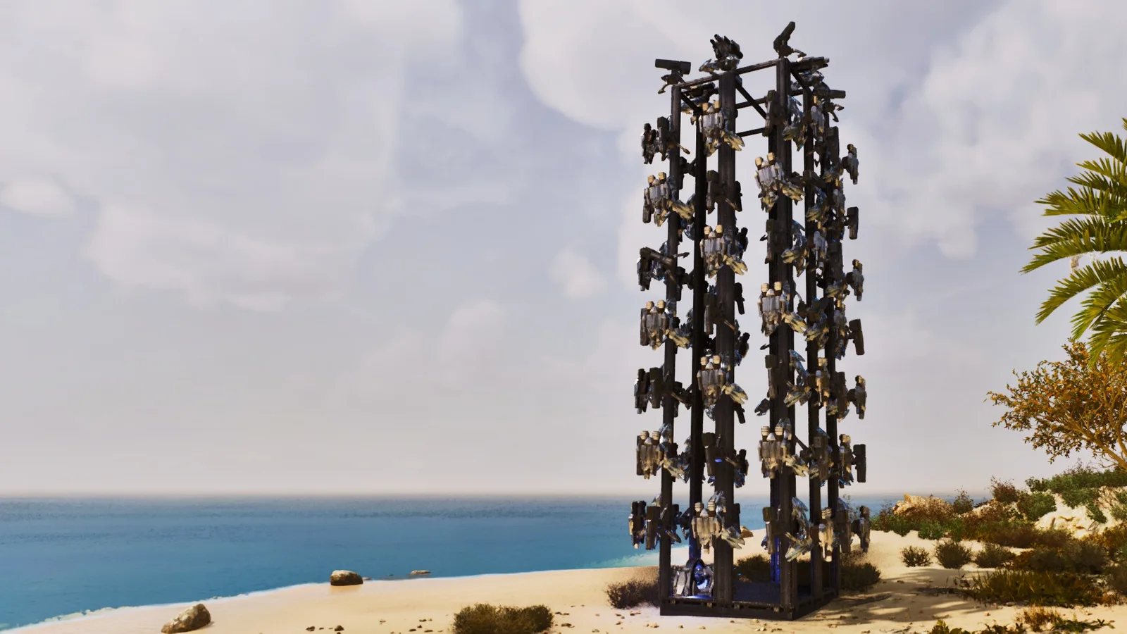 In-game screenshot of the 92-Turret Heavy & Tek Tower, a metal and Tek PvP turret tower in ARK: Survival Ascended