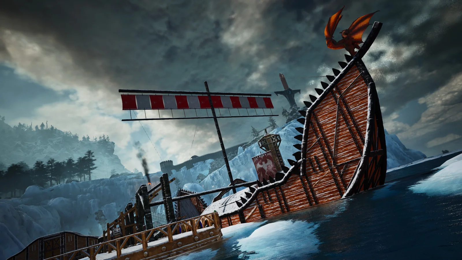 In-game screenshot of the ASR Longboat, a wood-and-metal platform boat build in ARK: Survival Ascended