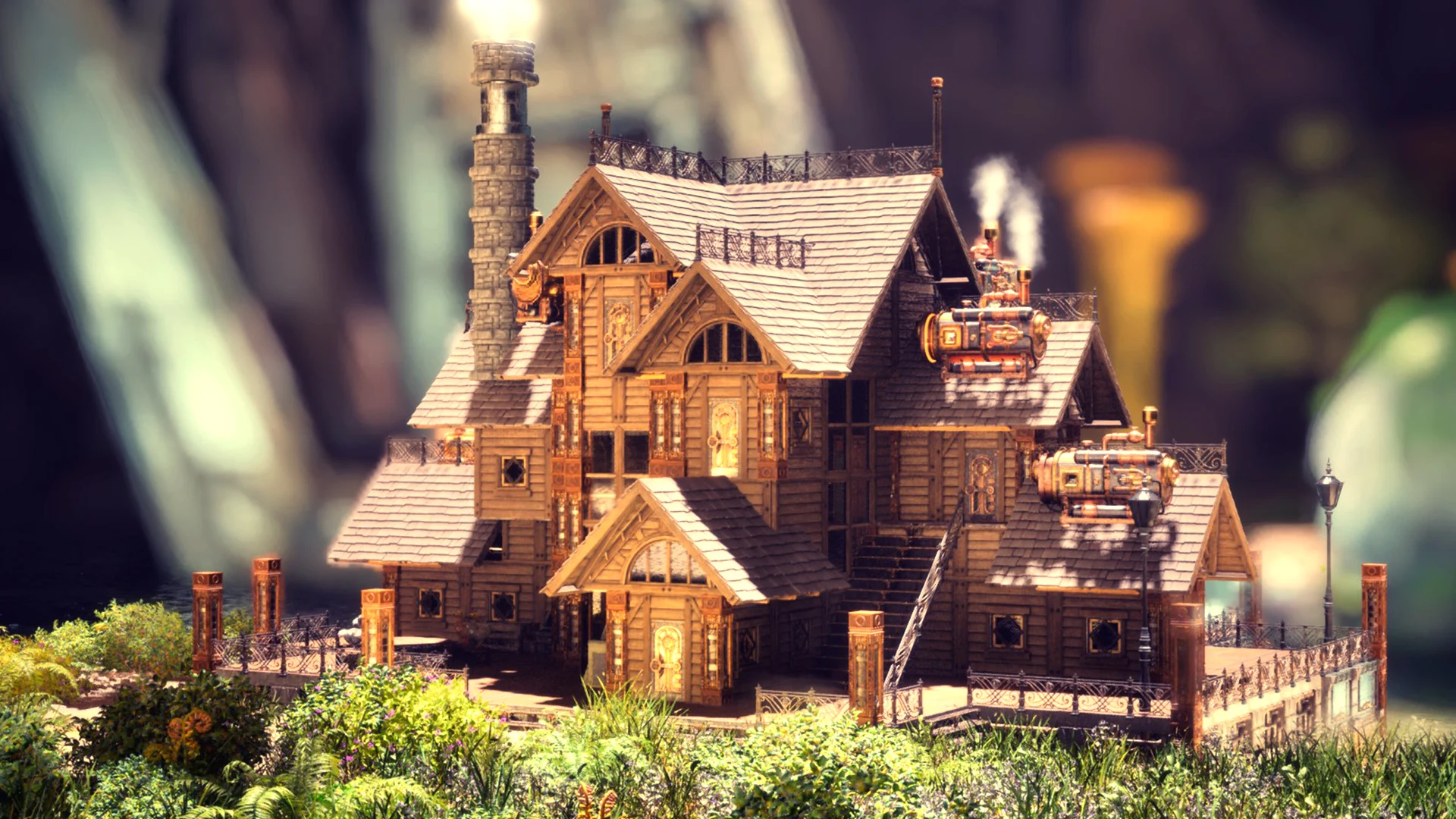 In-game screenshot of the Steampunk Starter House, a themed PvE starter home in ARK: Survival Ascended