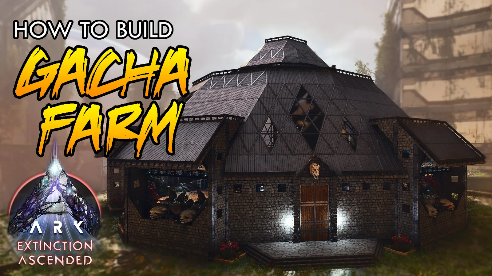 In-game screenshot of the Ultimate Gacha Farm, a three-part metal and Tek Gacha production farm in ARK: Survival Ascended