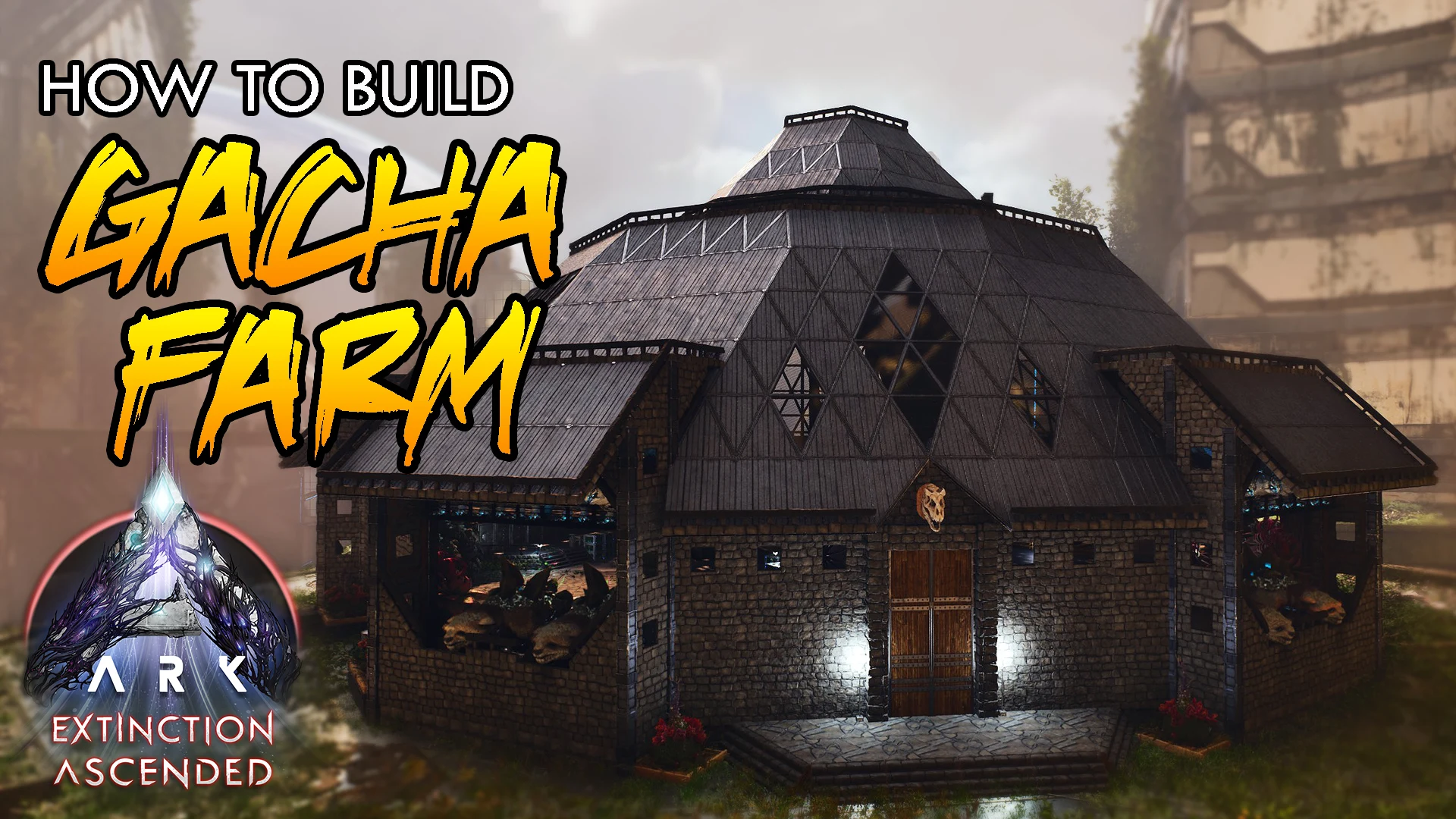 In-game screenshot of the Ultimate Gacha Farm, a three-part metal and Tek Gacha production farm in ARK: Survival Ascended
