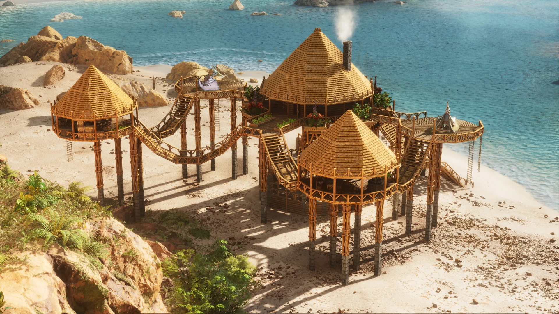 In-game screenshot of the Beach Starter Hut, a multi-level wood-and-stone starter build in ARK: Survival Ascended