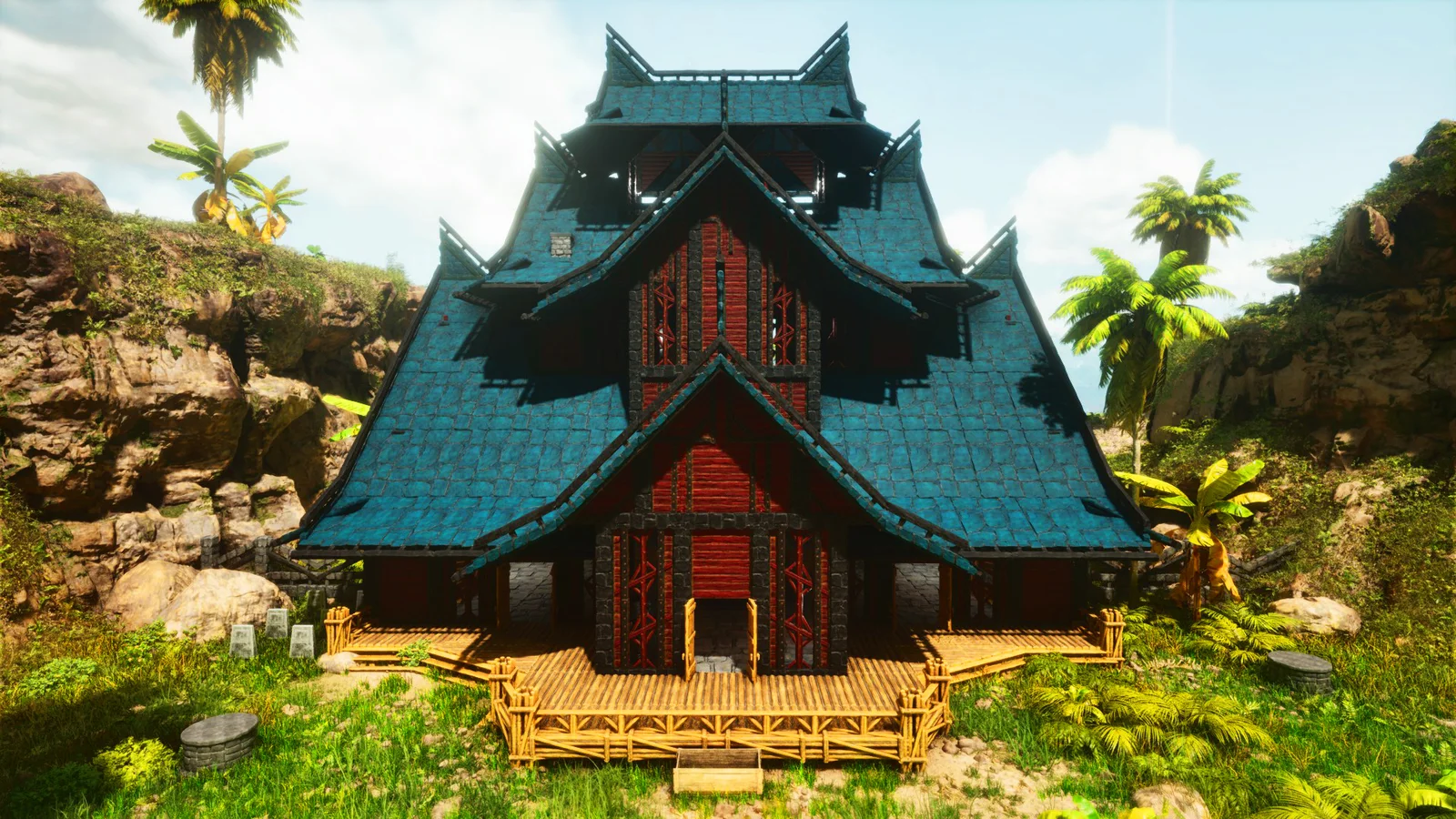 In-game screenshot of the Japanese Castle, a tiered wood-and-stone castle in ARK: Survival Ascended