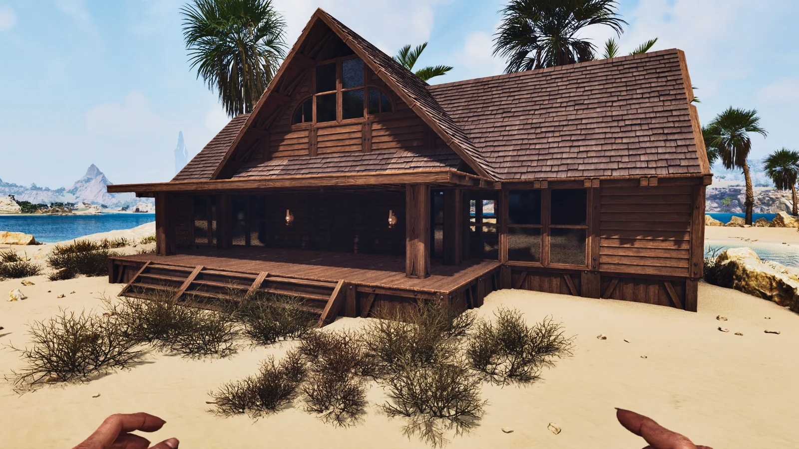In-game screenshot of the Basic Bunkhouse with Greenhouse, a small stone PvE build in ARK: Survival Ascended