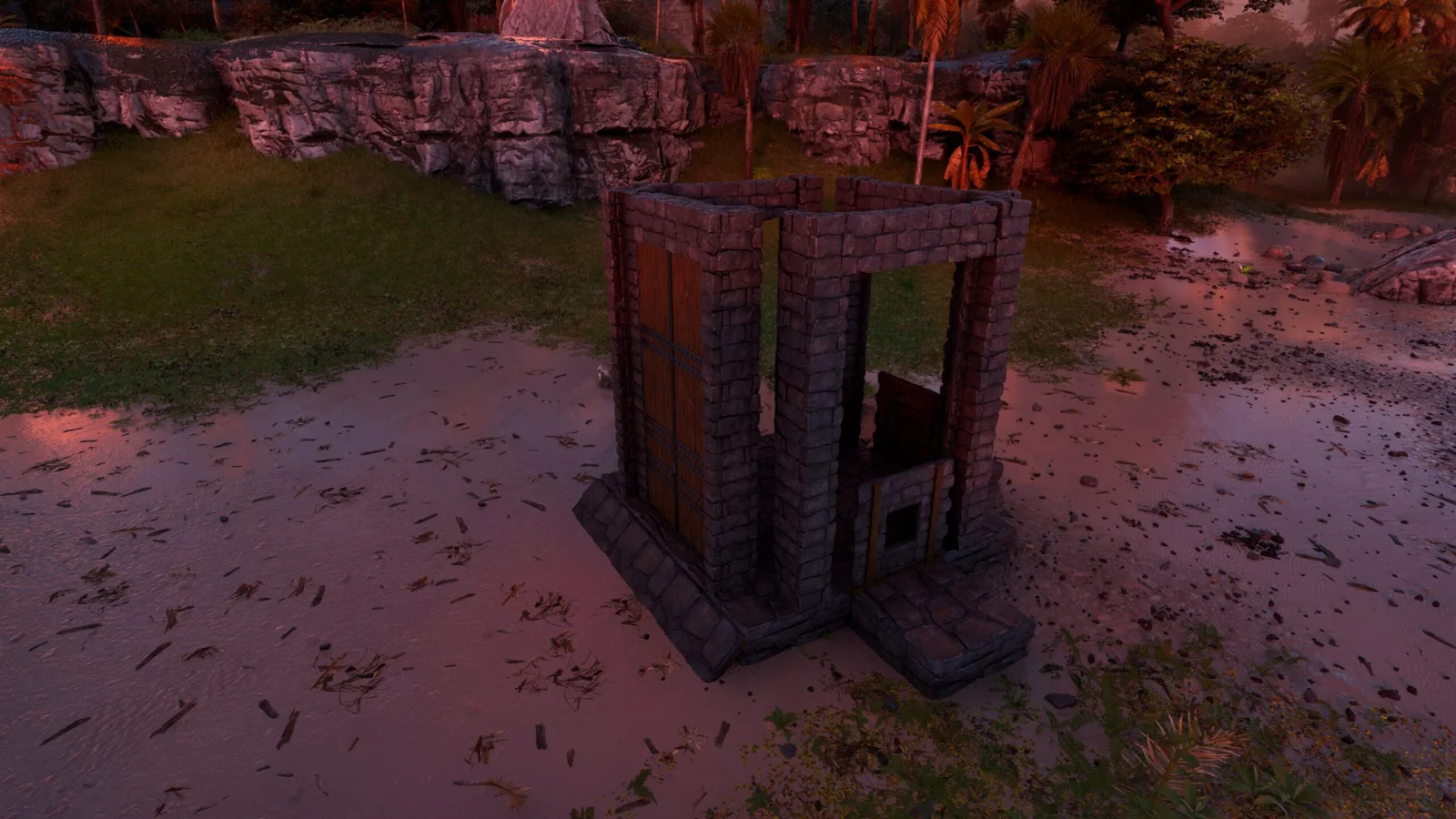 In-game screenshot of the Medium Dino Trap, a two-gate stone creature trap in ARK: Survival Ascended