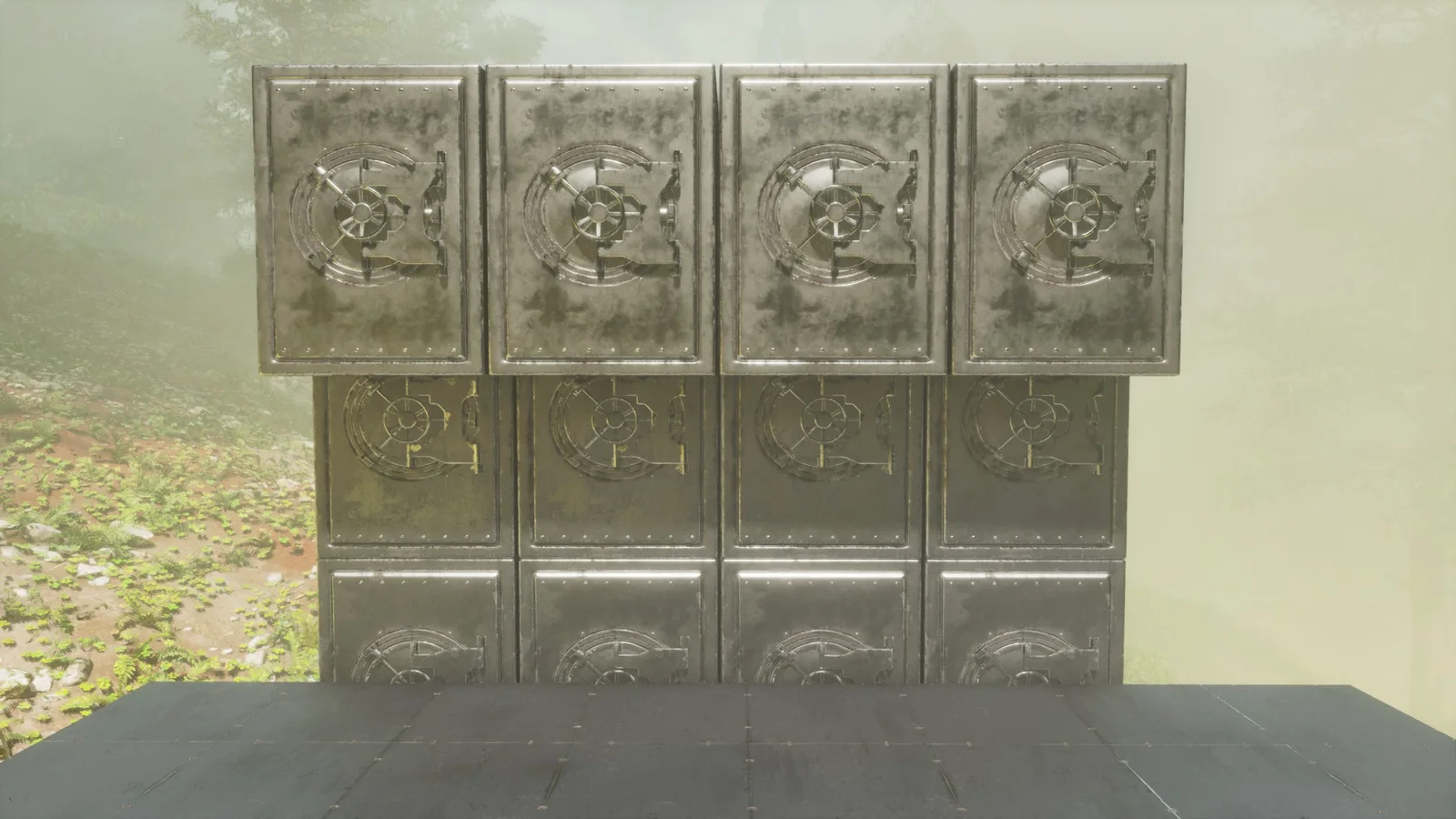 In-game screenshot of the Triple-Stack Vaults alignment build, metal vault storage in ARK: Survival Ascended