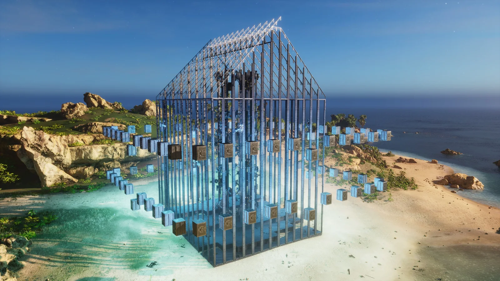 In-game screenshot of the Christmas 13x13 Defense Base, a metal and Tek PvP defensive base in ARK: Survival Ascended