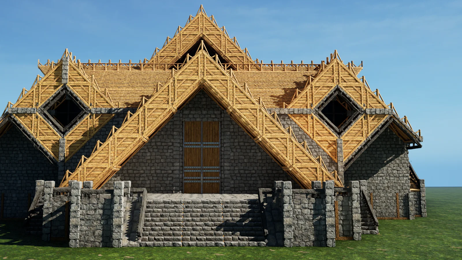 In-game screenshot of the Viking Lodge, a large wood-and-stone PvE lodge in ARK: Survival Ascended