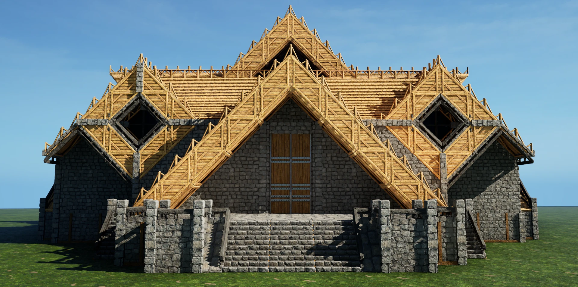 In-game screenshot of the Viking Lodge, a large wood-and-stone PvE lodge in ARK: Survival Ascended