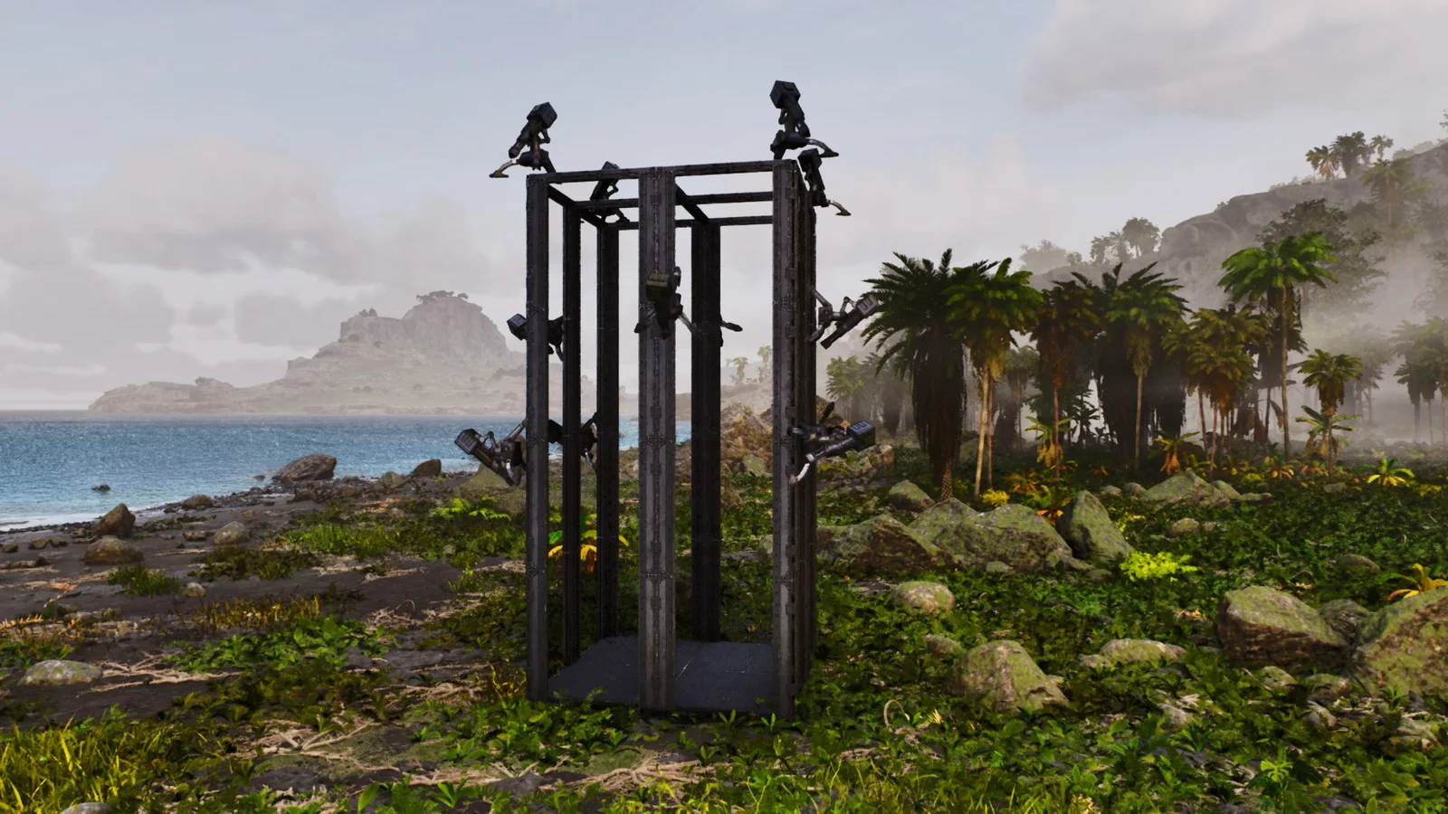 In-game screenshot of the 2x2 Auto Turret Tower, a compact metal PvP turret tower in ARK: Survival Ascended