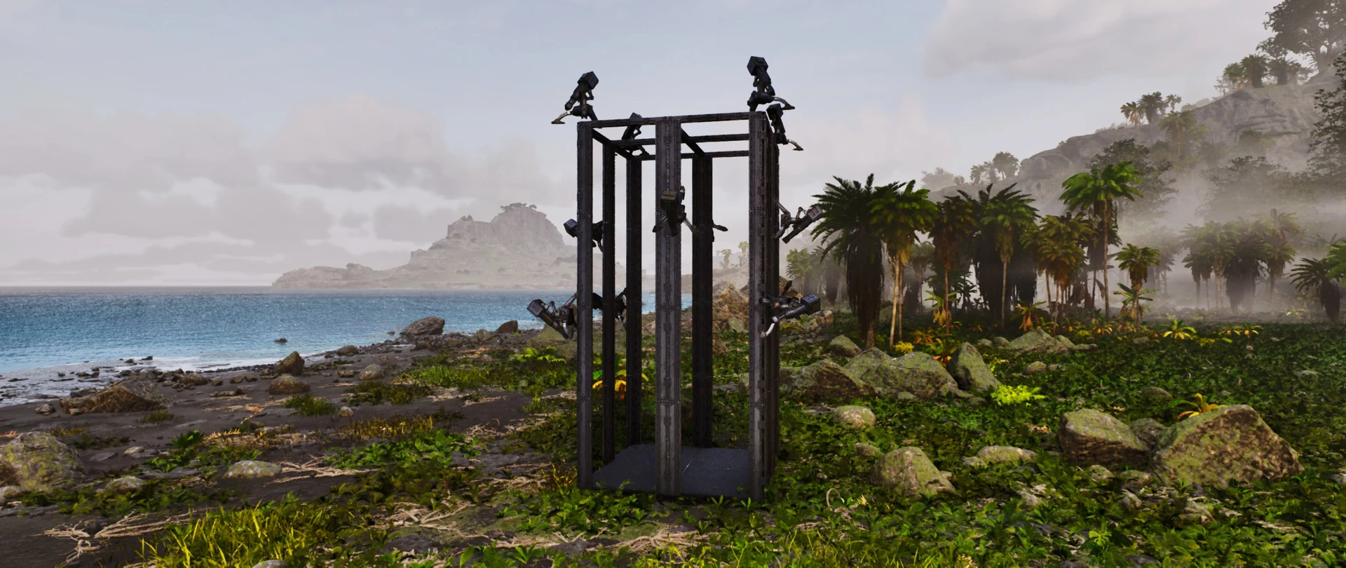 In-game screenshot of the 2x2 Auto Turret Tower, a compact metal PvP turret tower in ARK: Survival Ascended