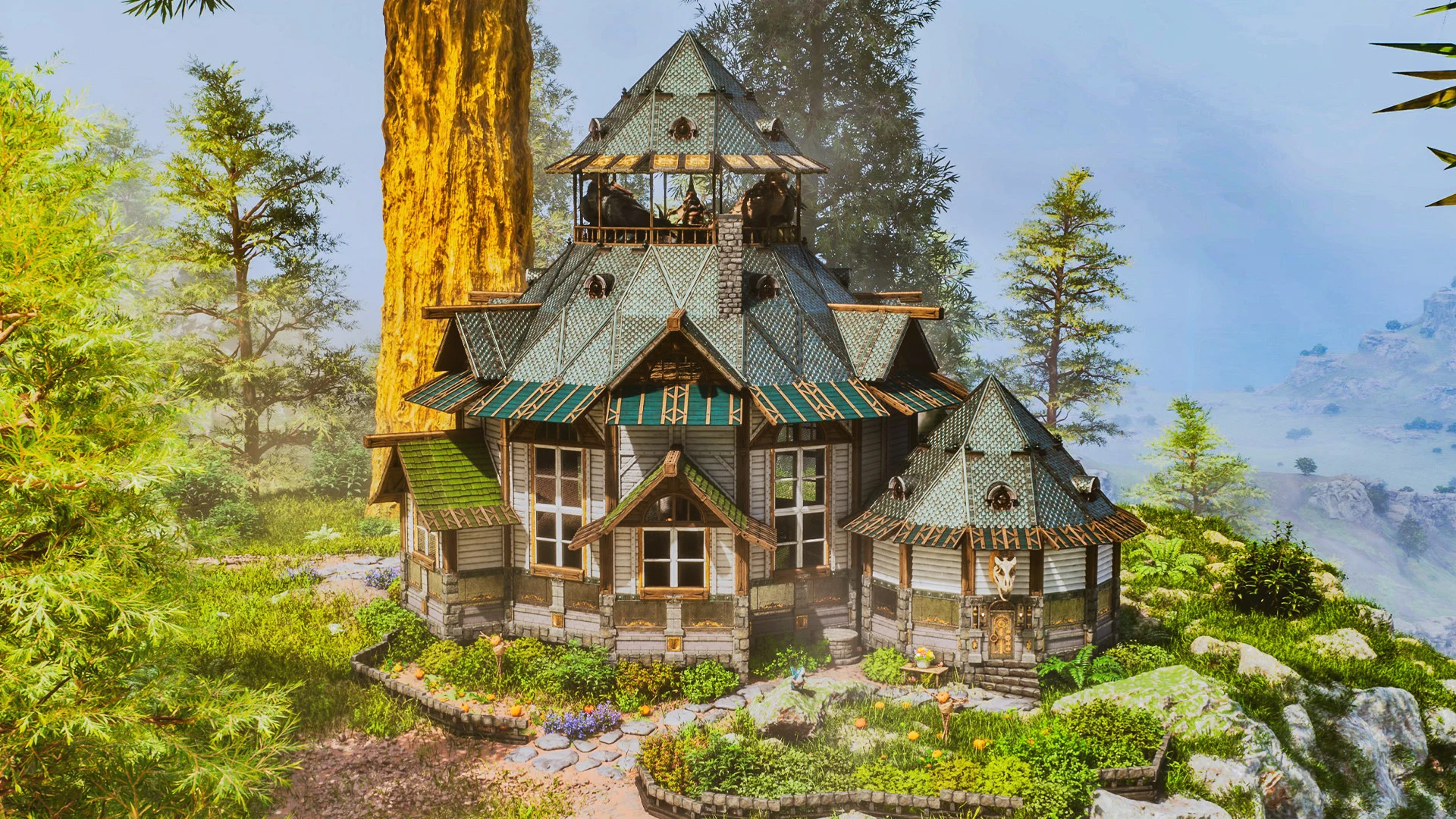 In-game screenshot of the All-in-One Forest Hut, a wood-and-stone PvE hut in ARK: Survival Ascended