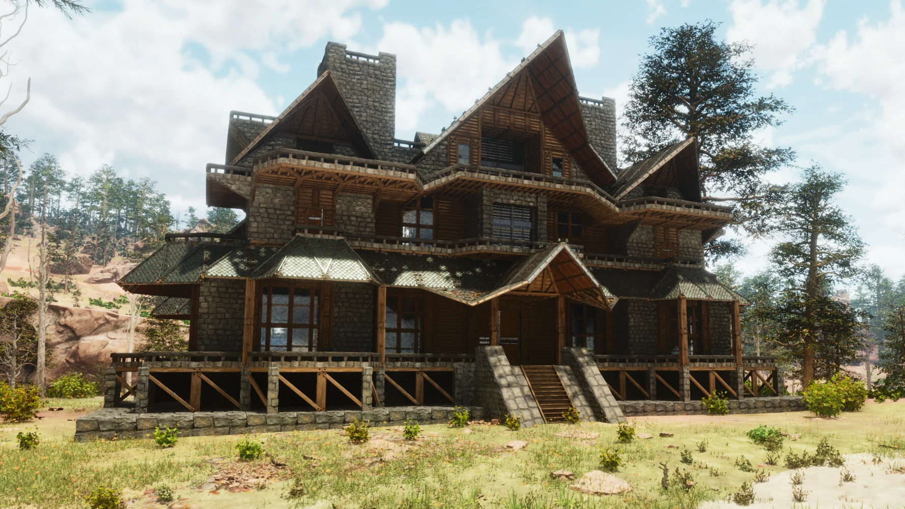In-game screenshot of the Luxurious Residential Base, a detailed PvE home compound in ARK: Survival Ascended