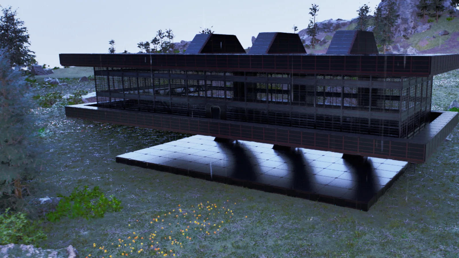In-game screenshot of the PvE Lookout Base, an elevated metal and Tek base in ARK: Survival Ascended