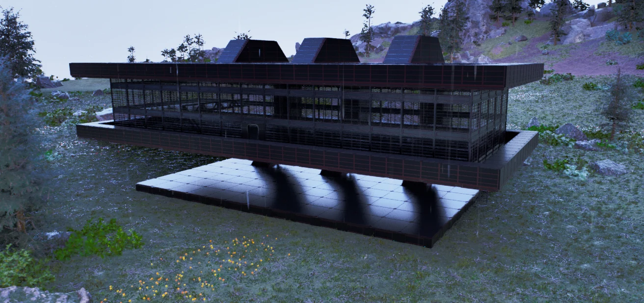 In-game screenshot of the PvE Lookout Base, an elevated metal and Tek base in ARK: Survival Ascended