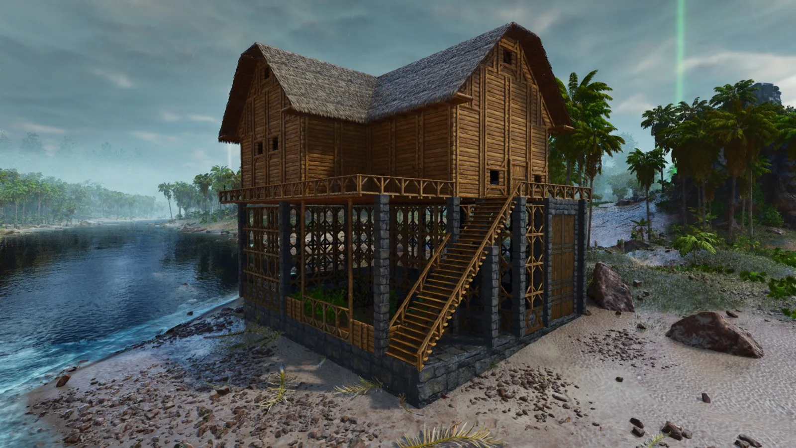 In-game screenshot of the 6x8 Early-Game Base, a stone PvE starter base in ARK: Survival Ascended