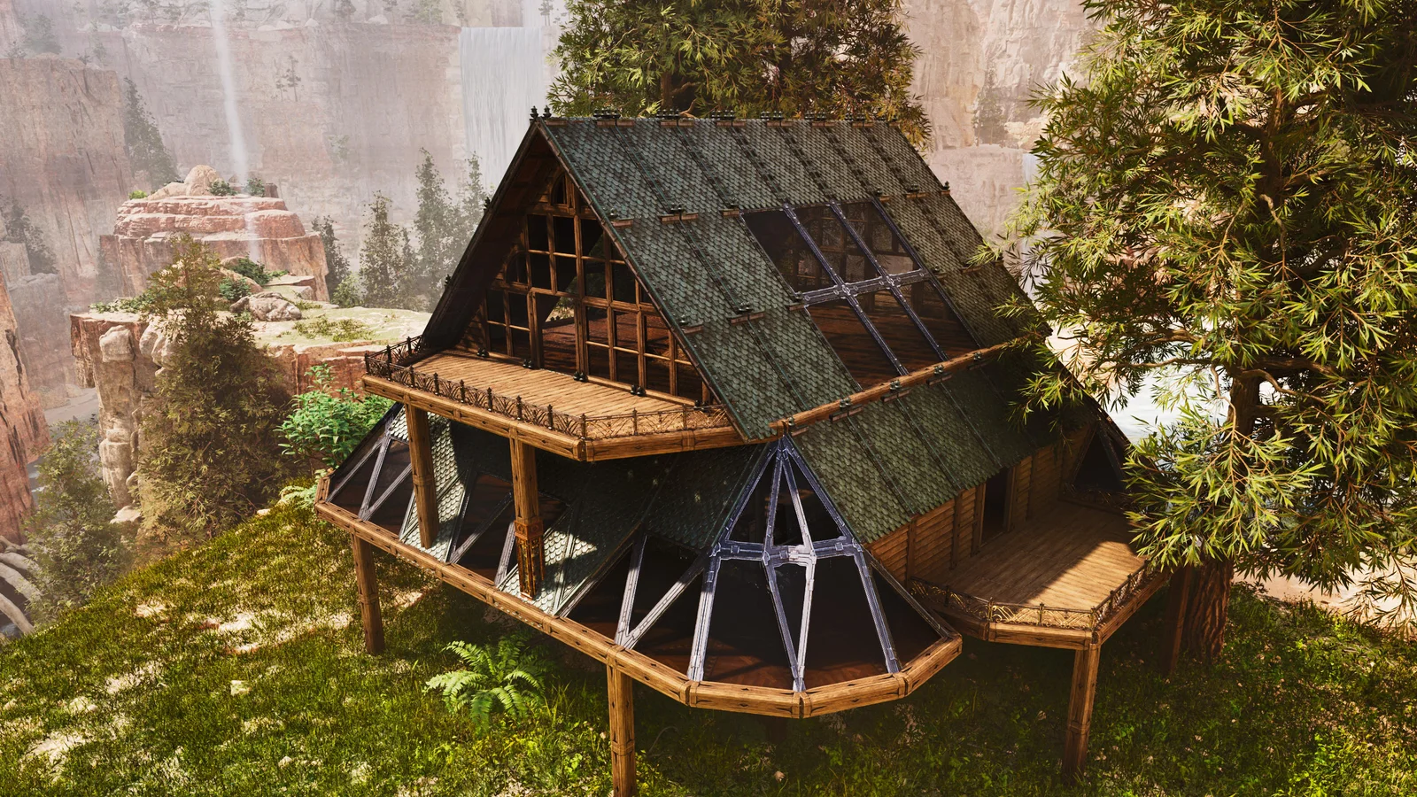In-game screenshot of the Three-Floor Small Base, a vertical stone base in ARK: Survival Ascended