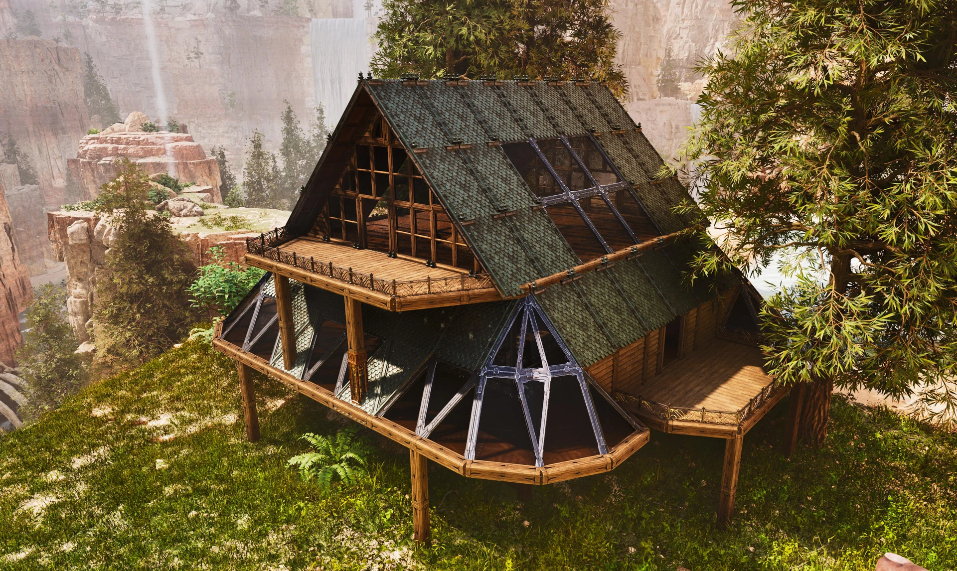 In-game screenshot of the Three-Floor Small Base, a vertical stone base in ARK: Survival Ascended
