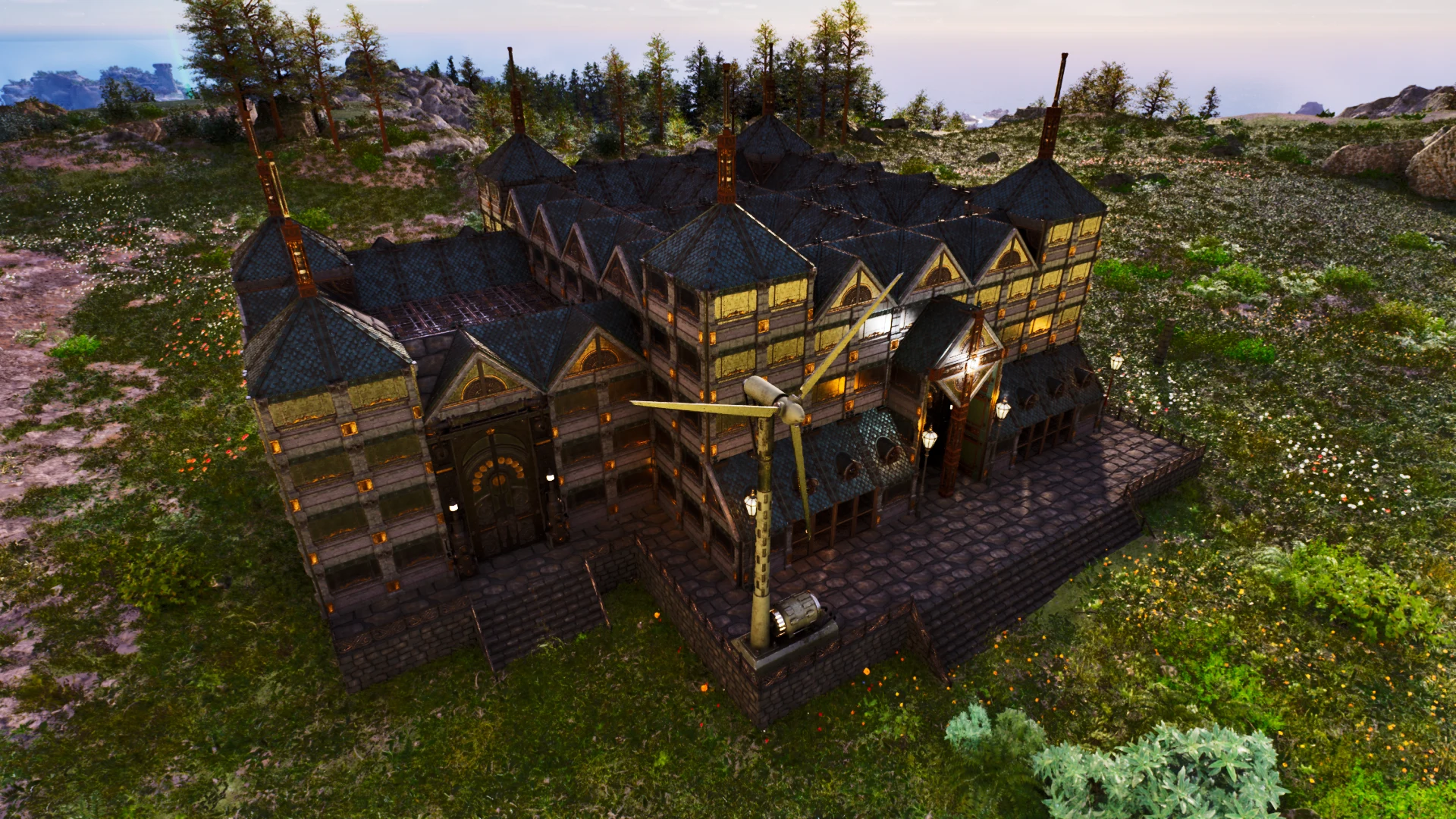 In-game screenshot of the Steampunk Base, a themed PvE base built from Bob's Tall Tales pieces in ARK: Survival Ascended