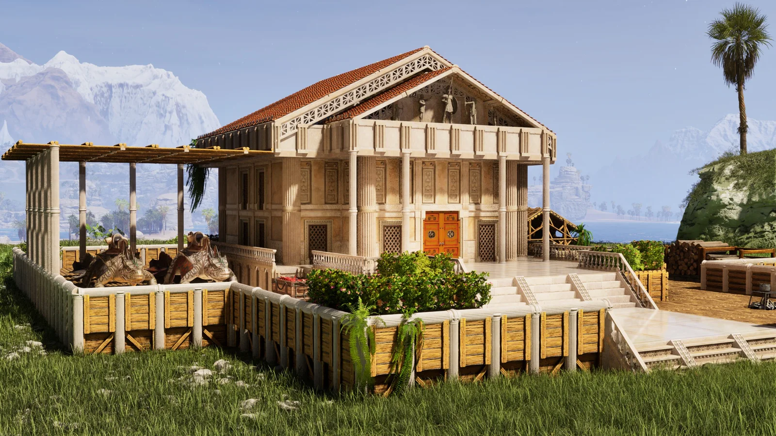 In-game screenshot of the Greek Starter House, a classical stone residence in ARK: Survival Ascended