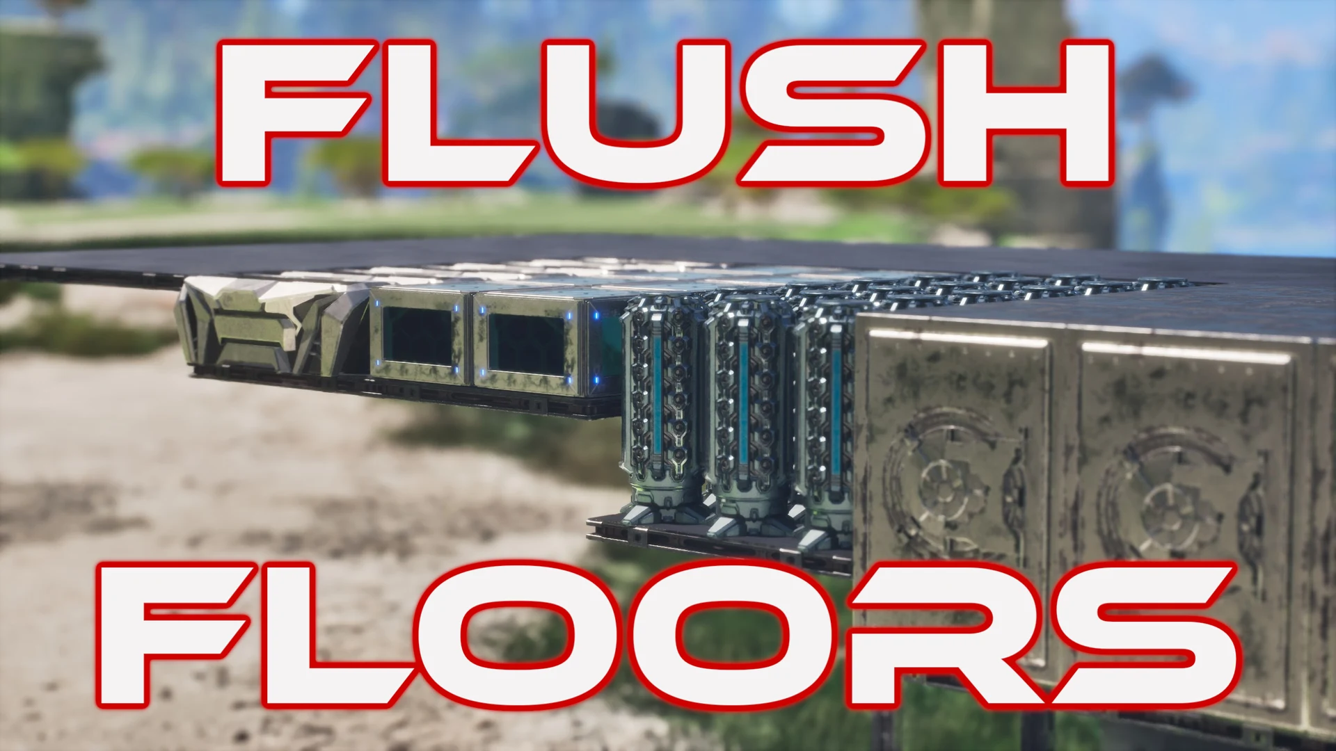 In-game screenshot of the Lowered Flush Floor Pack, three lowered floors sized for storage boxes, cryofridges and vaults in ARK: Survival Ascended