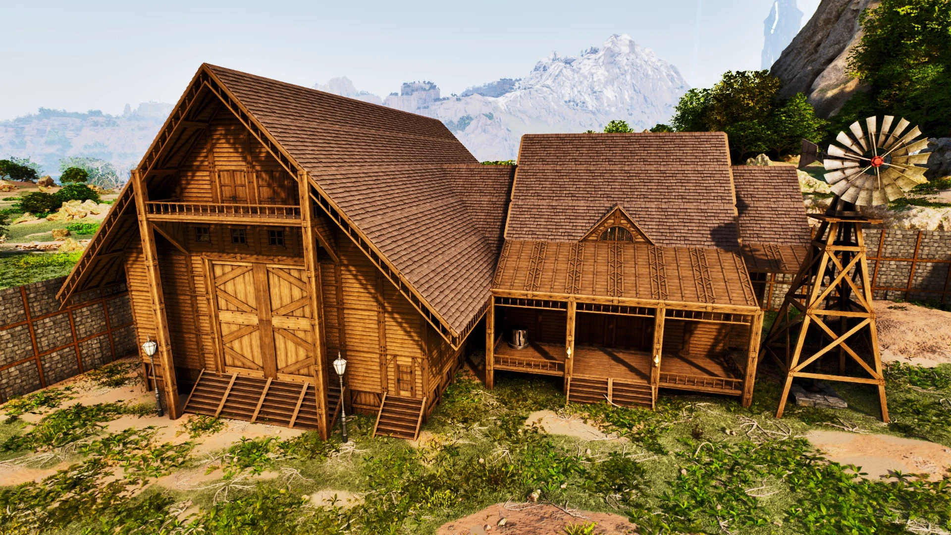 In-game screenshot of the Large Farm, a stone PvE crop farm in ARK: Survival Ascended